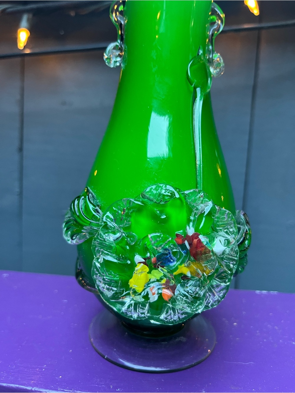 Vintage Murano Style (possibly authentic) Green Glass Vase Applied Flowers 8” - Picture 4 of 16